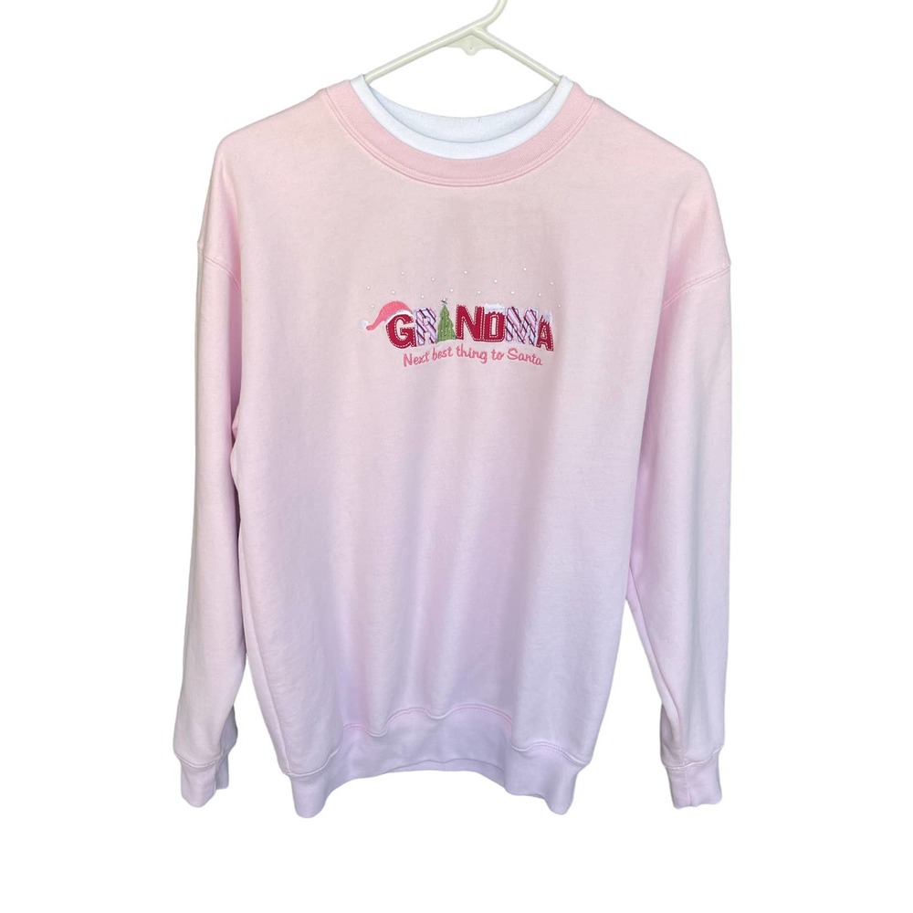 Grandma Sweater Womens Medium‎ Pink Christmas Santa Embroidered Sweatshirt